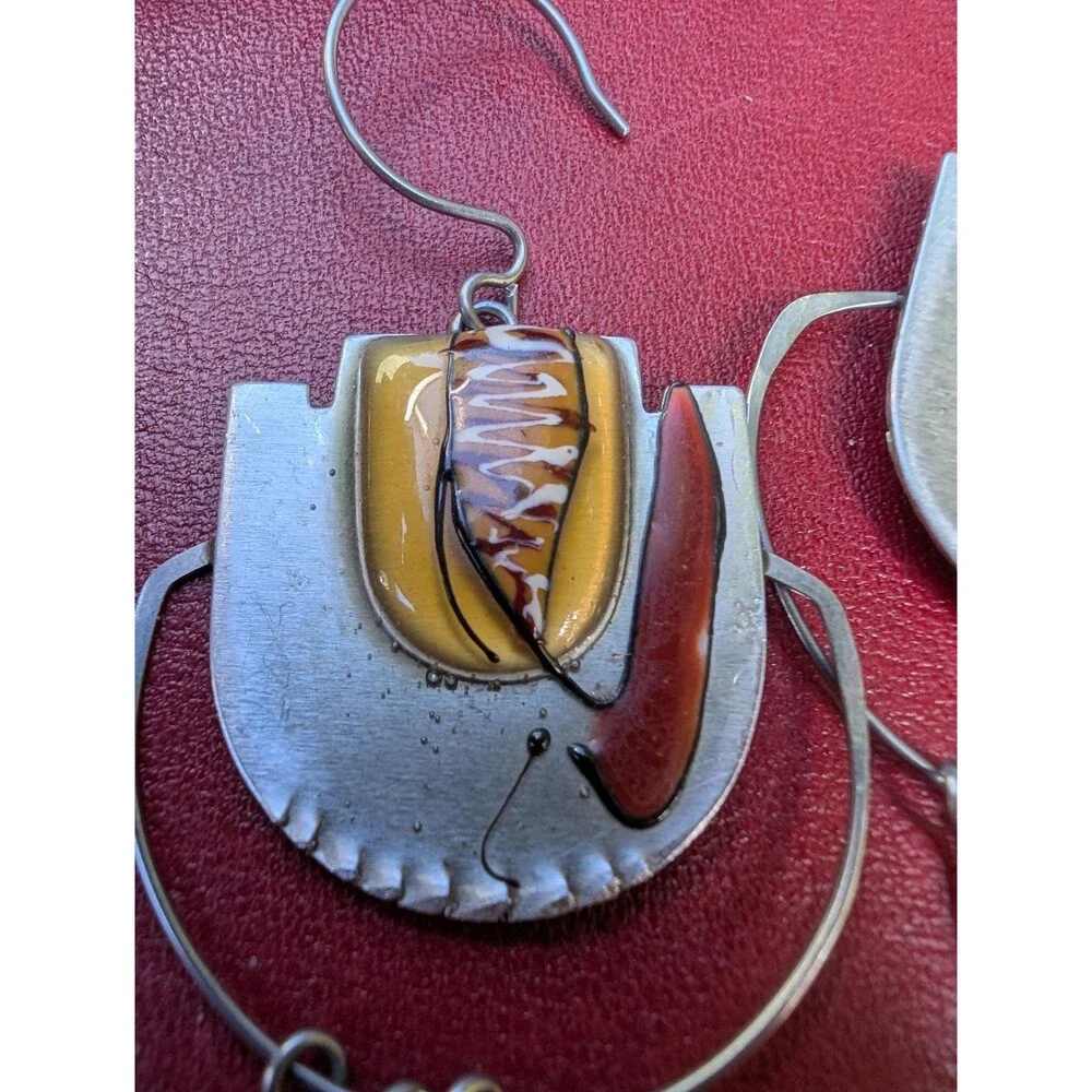 Vintage Abstract Enamel Metal Dangle Earrings